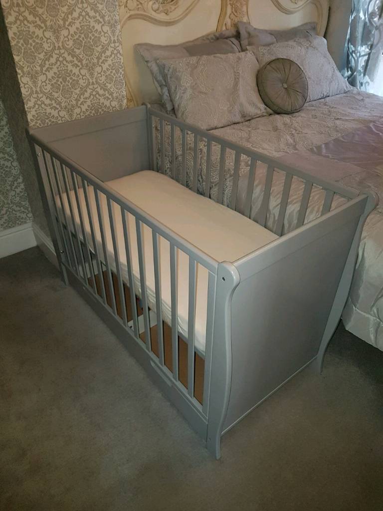 grey sleigh cot bed with mattress
